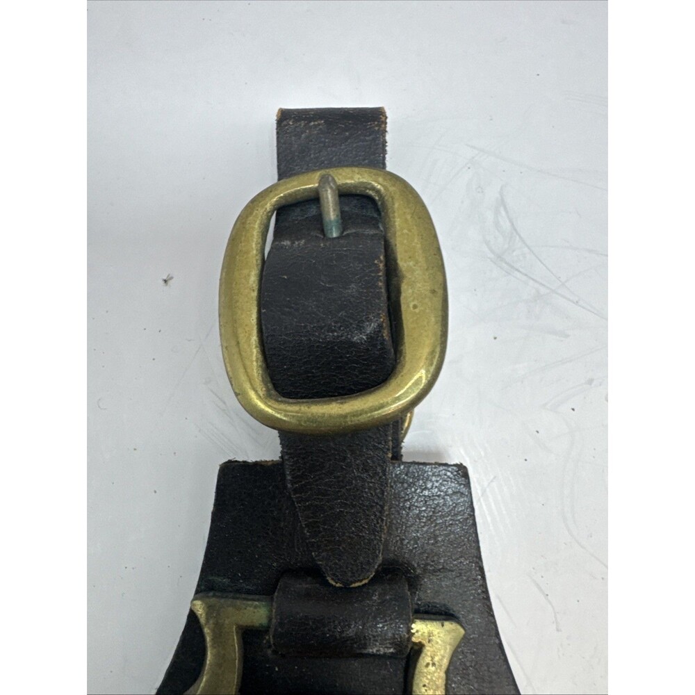 Lot Of 2 Vintage Leather Horse Hanging Strap 3 Brass Medallions 6 Total Medals - Picture 3 of 11